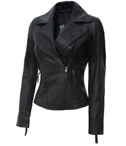 Schwarze Asymmetrische Lederjacke im Biker Stil für Damen
