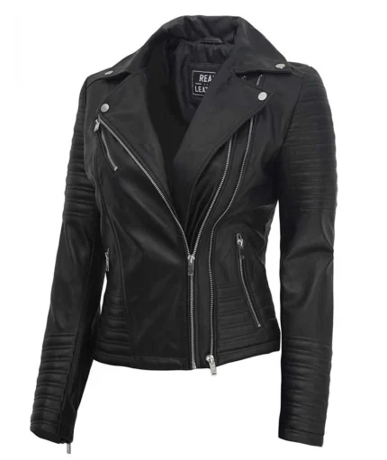 Schwarze Asymmetrische Motorrad Leder Bikerjacke für Damen