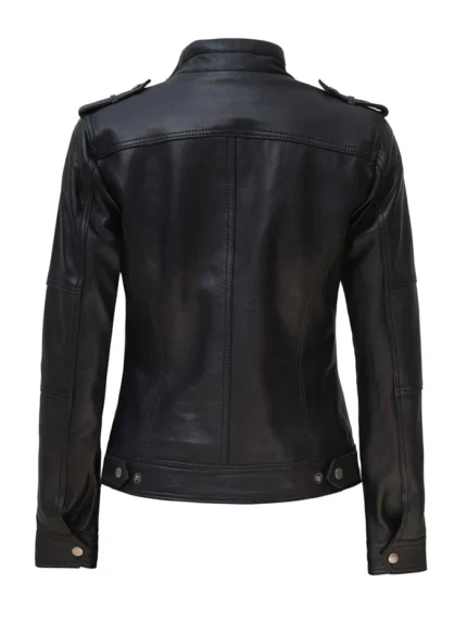 Schwarze Cafe Racer Echtlederjacke für Frauen