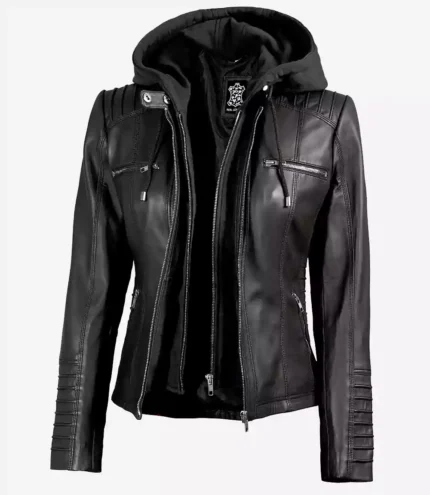 Schwarze Lederjacke für Frauen mit abnehmbarer Kapuze