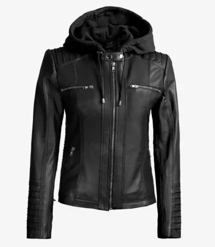 Schwarze Lederjacke für Frauen mit abnehmbarer Kapuze