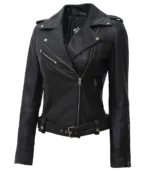 Schwarze asymmetrische Damenjacke aus echtem Biker Leder