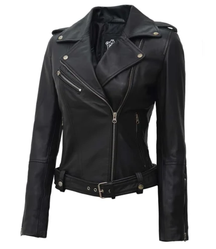 Schwarze asymmetrische Damenjacke aus echtem Biker Leder