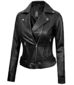 Schwarzes Leder Asymmetrische Biker Jacke Damen
