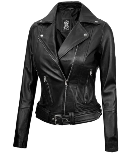 Schwarzes Leder Asymmetrische Biker Jacke Damen