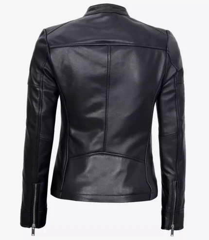 Schwarzes Leder Cafe Racer Textured Jacket für Damen