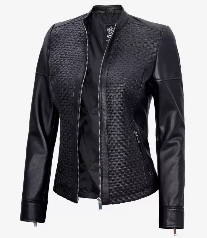 Schwarzes Leder Cafe Racer Textured Jacket für Damen