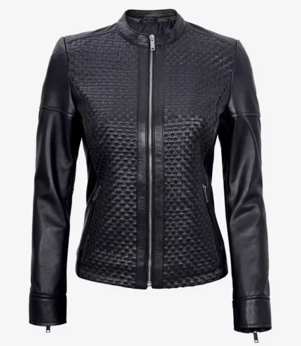 Schwarzes Leder Cafe Racer Textured Jacket für Damen