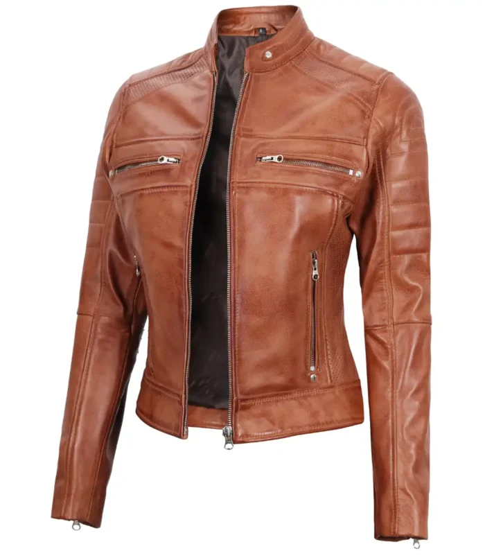 Tan Brown Cafe Racer Lederjacke für Damen