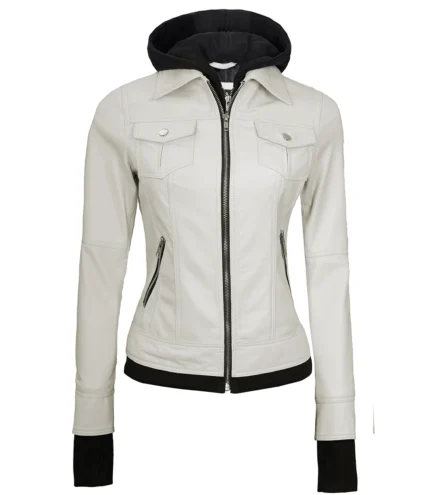 Tralee Damen Bomberjacke aus echtem Leder mit Kapuze Off White