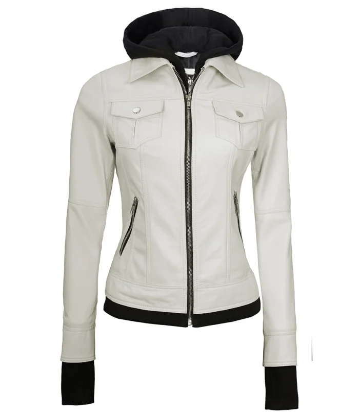 Tralee Damen Bomberjacke aus echtem Leder mit Kapuze Off White
