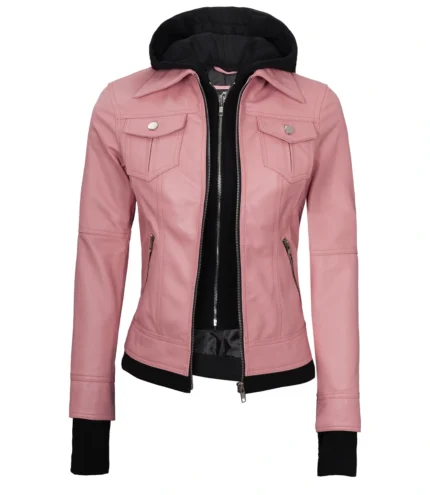 Tralee Damen Bomberjacke aus echtem Leder mit Kapuze Rosa