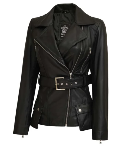 Victoria Asymmetrische schwarze Lederjacke für Damen