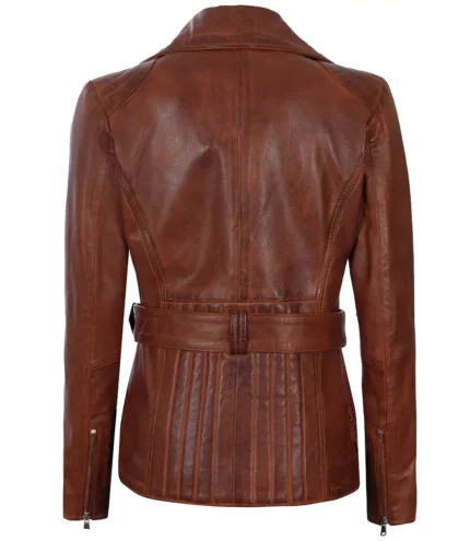 Asymmetrische Cognac Wachs Jacke für Damen aus echtem Leder