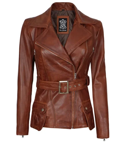 Asymmetrische Cognac Wachs Jacke für Damen aus echtem Leder