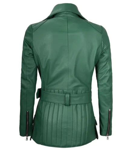 Asymmetrische grüne Lederjacke für Damen mit Gürtel