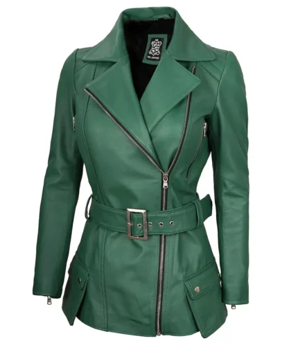 Asymmetrische grüne Lederjacke für Damen mit Gürtel