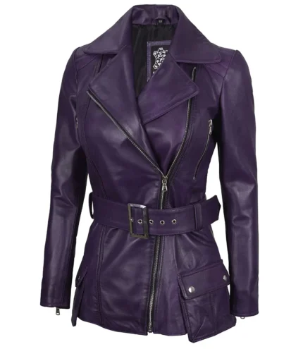 Asymmetrische lilafarbene Lederjacke für Damen mit Gürtel