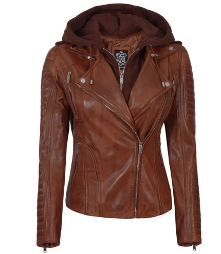 Bagheria Cognacfarbene Biker Lederjacke für Damen mit abnehmbarer Kapuze