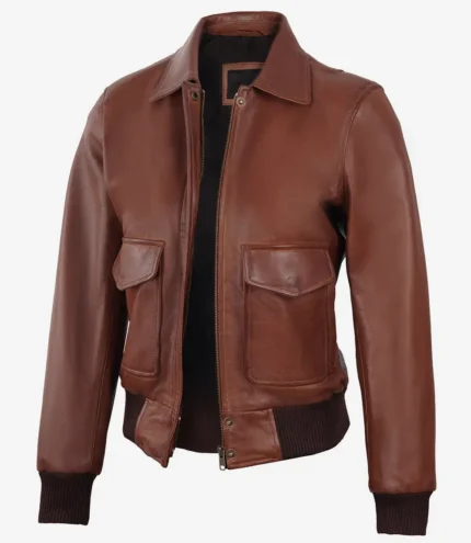 Cognacbraune Harrington Bomberjacke aus Leder Damen