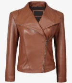 Cognacbraune asymmetrische Leder Motorradjacke Damen