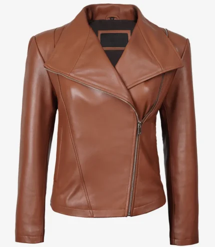 Cognacbraune asymmetrische Leder Motorradjacke Damen