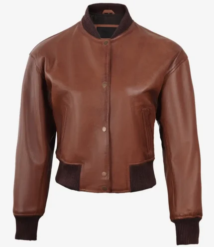 Cognacbraune kurz geschnittene Damen Bomber Lederjacke