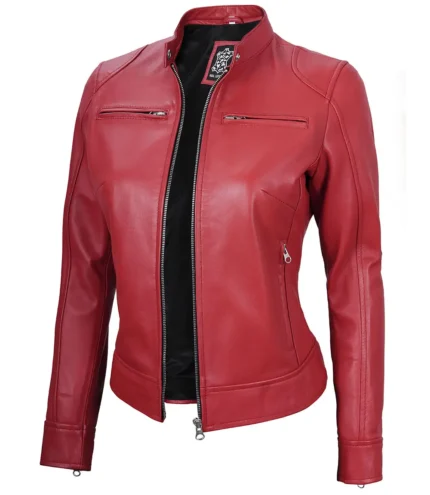 Damen Dodge Cafe Racer Lederjacke in Rot