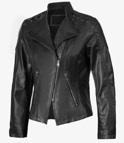 Damen Erika Asymmetrische schwarze Motorrad Lederjacke