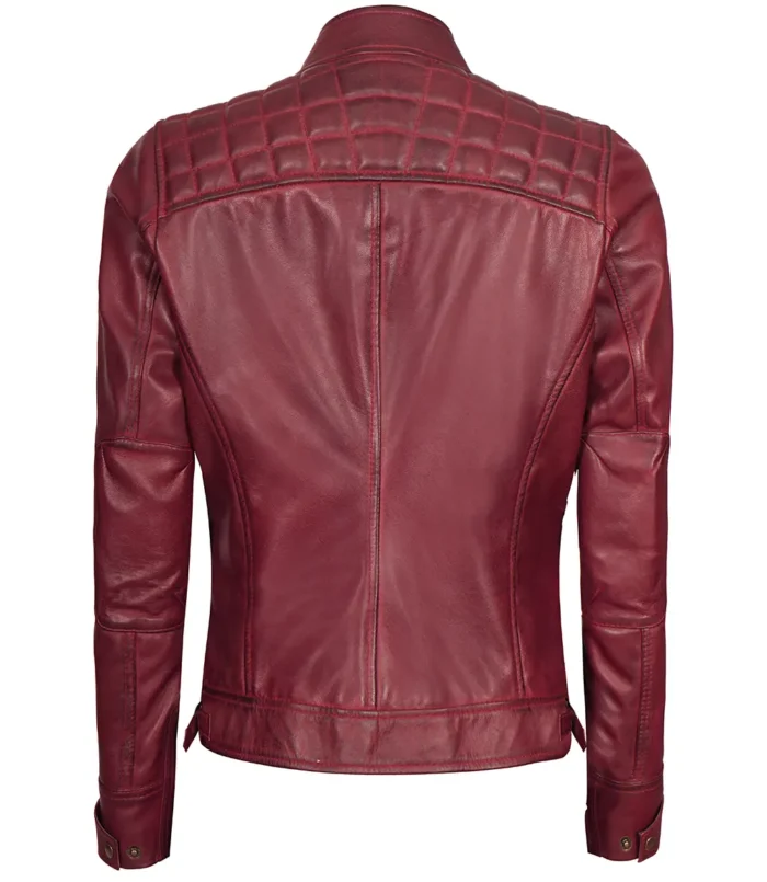 Damen Johnson Burgunderrote gesteppte Cafe Racer Lederjacke
