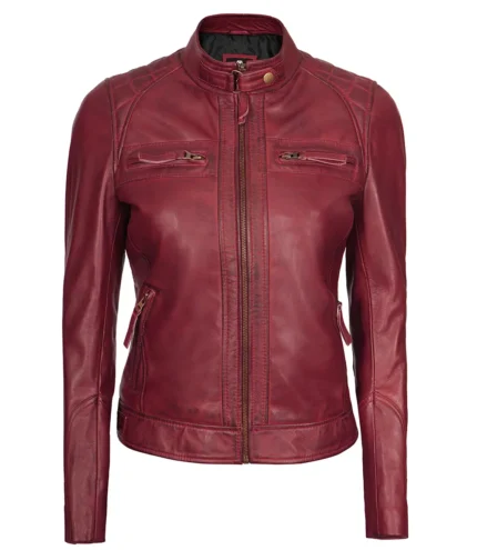 Damen Johnson Burgunderrote gesteppte Cafe Racer Lederjacke