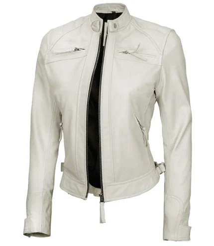Damen Off White Diamond Moto Style Echtlederjacke