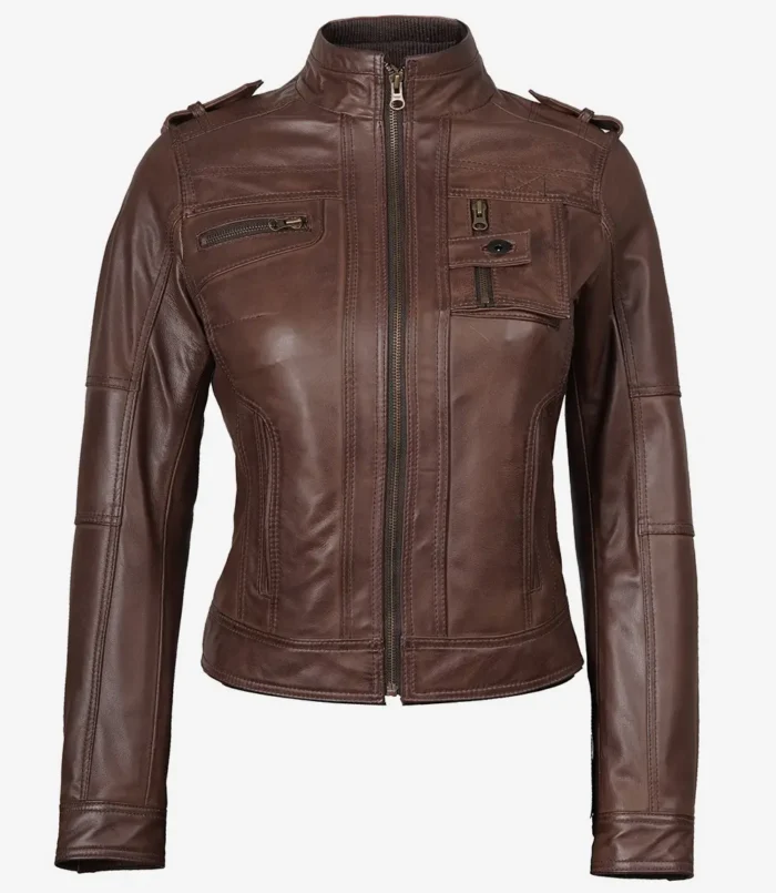 Dunkelbraune Lederjacke im Biker Stil für Damen von Tavares
