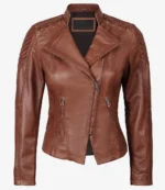 Erika Asymmetrische cognacbraune Motorrad Lederjacke Damen
