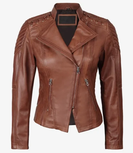 Erika Asymmetrische cognacbraune Motorrad Lederjacke Damen