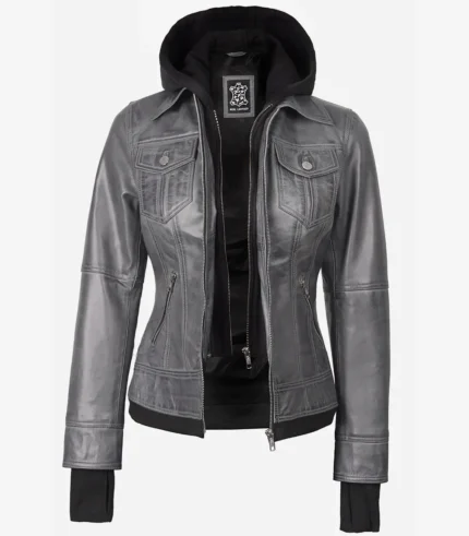 Hellgraue Damenjacke aus echtem Leder mit abnehmbarer Kapuze