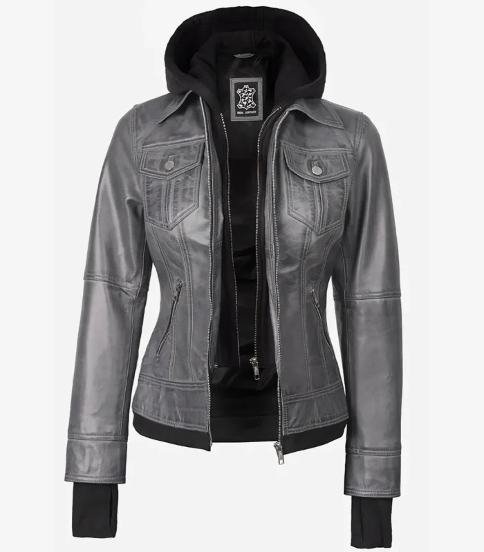 Hellgraue Damenjacke aus echtem Leder mit abnehmbarer Kapuze
