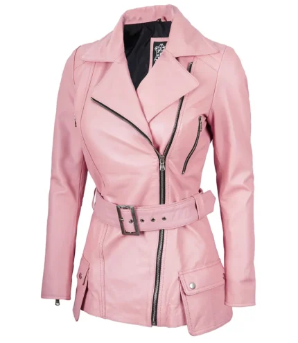 Rosa asymmetrische Lederjacke für Damen mit Gürtel