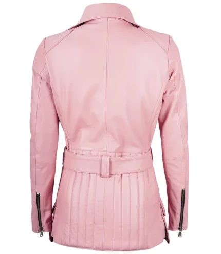 Rosa asymmetrische Lederjacke für Damen mit Gürtel