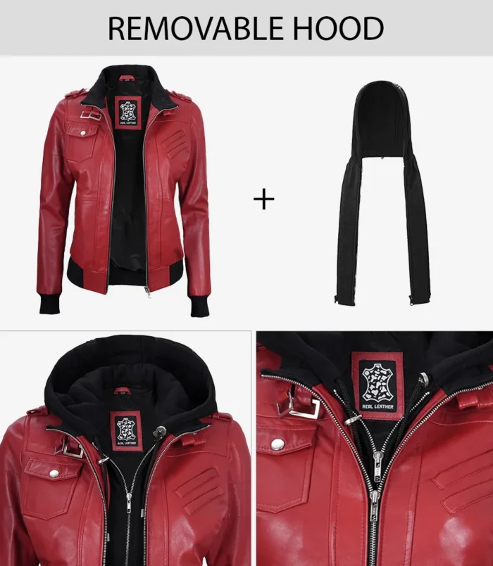 Rote Lederjacke mit abnehmbarer Kapuze Damen