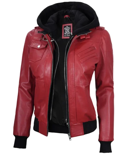 Rote Lederjacke mit abnehmbarer Kapuze Damen