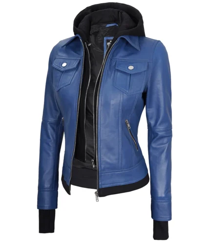 Tralee Damen Lederjacke in Blau mit abnehmbarer Kapuze